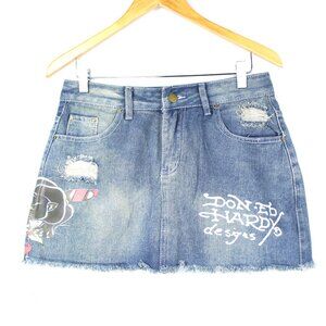 Ed Hardy Women's Panther Dagger Wash Blue Denim Raw Hem Mini Skirt Y2K Vintage